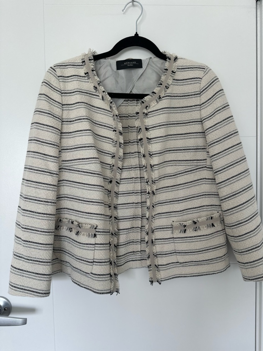 Weekend Max Mara Ivory and Black Striped Fringe-Trim Jacket